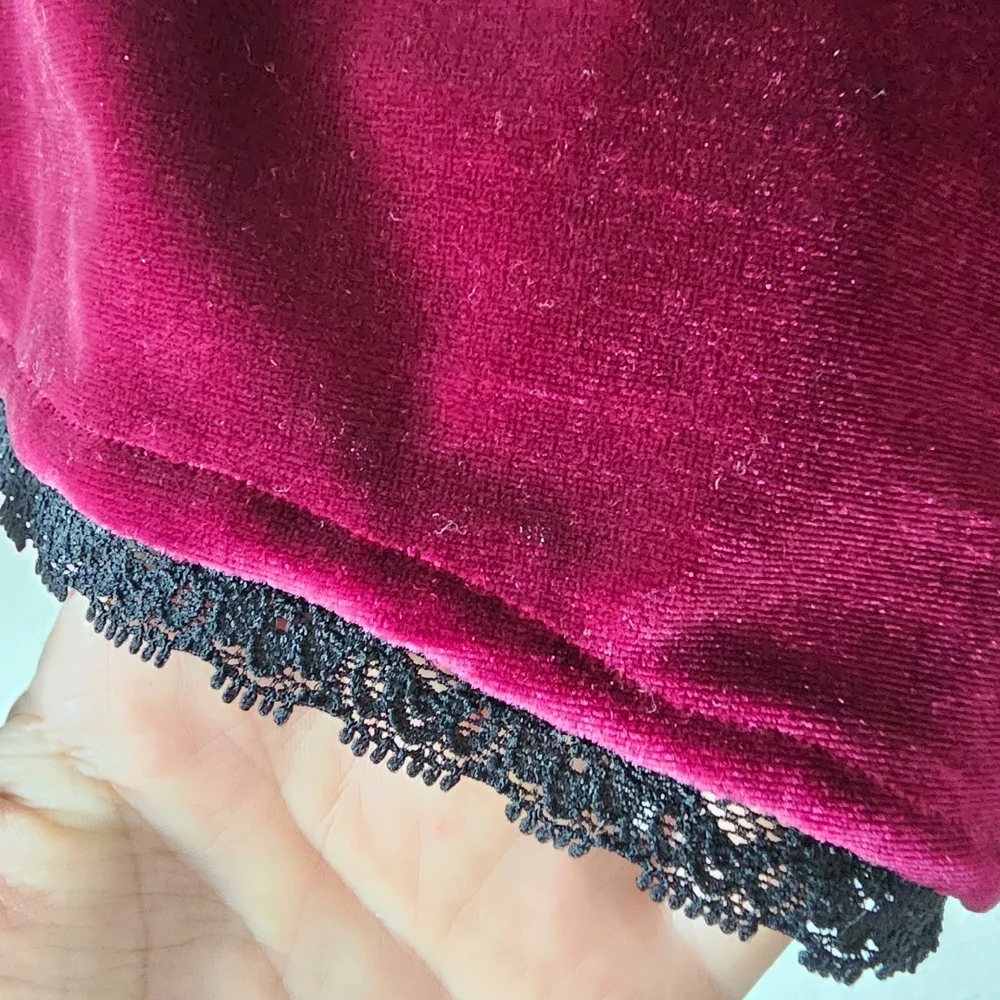 Velvet High-Waist Lounge Shorts in Deep Berry with Lace Trim